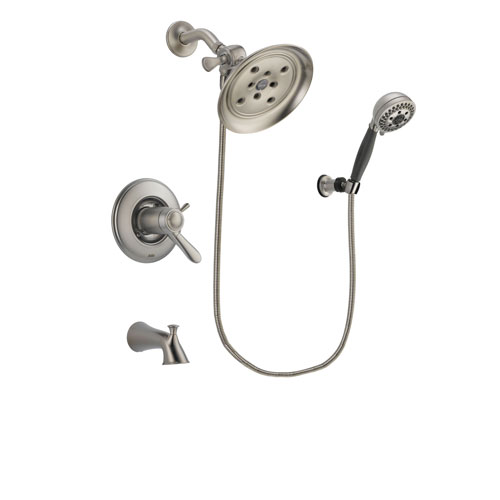 Delta Lahara Stainless Steel Finish Thermostatic Tub and Shower Faucet System Package with Large Rain Showerhead and 5-Setting Wall Mount Personal Handheld Shower Includes Rough-in Valve and Tub Spout DSP1989V