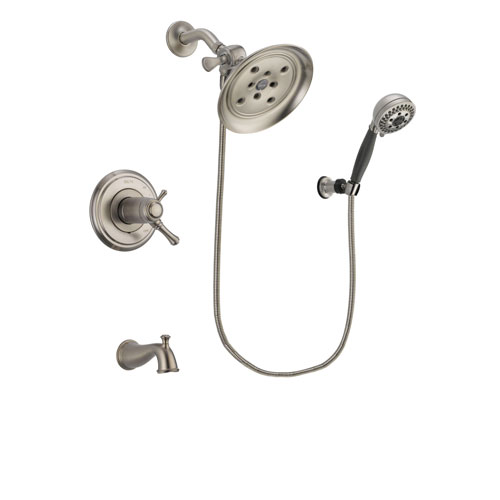 Delta Cassidy Stainless Steel Finish Thermostatic Tub and Shower Faucet System Package with Large Rain Showerhead and 5-Setting Wall Mount Personal Handheld Shower Includes Rough-in Valve and Tub Spout DSP1997V