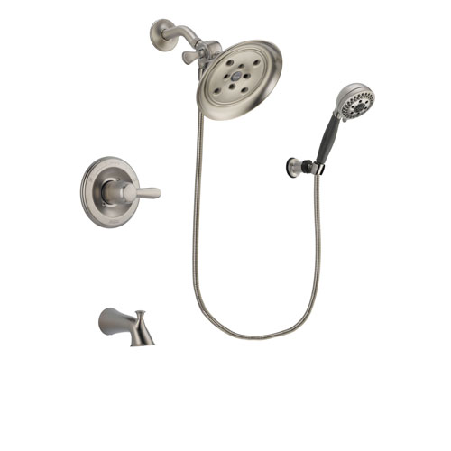 Delta Lahara Stainless Steel Finish Tub and Shower Faucet System Package with Large Rain Showerhead and 5-Setting Wall Mount Personal Handheld Shower Includes Rough-in Valve and Tub Spout DSP1999V