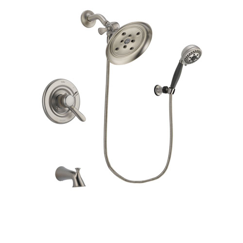 Delta Lahara Stainless Steel Finish Dual Control Tub and Shower Faucet System Package with Large Rain Showerhead and 5-Setting Wall Mount Personal Handheld Shower Includes Rough-in Valve and Tub Spout DSP2009V
