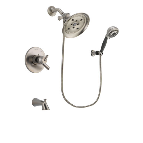Delta Trinsic Stainless Steel Finish Dual Control Tub and Shower Faucet System Package with Large Rain Showerhead and 5-Setting Wall Mount Personal Handheld Shower Includes Rough-in Valve and Tub Spout DSP2011V