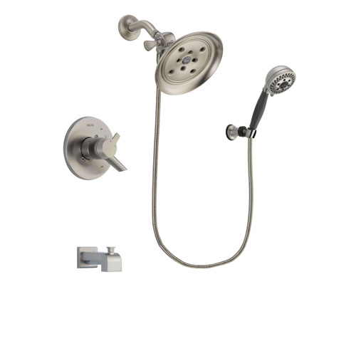 Delta Compel Stainless Steel Finish Dual Control Tub and Shower Faucet System Package with Large Rain Showerhead and 5-Setting Wall Mount Personal Handheld Shower Includes Rough-in Valve and Tub Spout DSP2013V