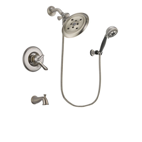 Delta Linden Stainless Steel Finish Dual Control Tub and Shower Faucet System Package with Large Rain Showerhead and 5-Setting Wall Mount Personal Handheld Shower Includes Rough-in Valve and Tub Spout DSP2019V