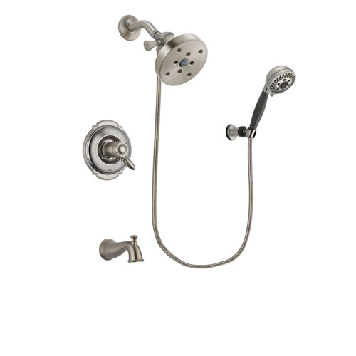 Delta Victorian Stainless Steel Finish Thermostatic Tub and Shower Faucet System Package with 5-1/2 inch Shower Head and 5-Setting Wall Mount Personal Handheld Shower Includes Rough-in Valve and Tub Spout DSP2025V