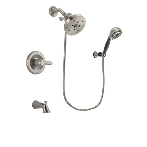 Delta Lahara Stainless Steel Finish Tub and Shower Faucet System Package with 5-1/2 inch Shower Head and 5-Setting Wall Mount Personal Handheld Shower Includes Rough-in Valve and Tub Spout DSP2033V