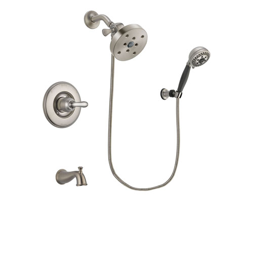 Delta Linden Stainless Steel Finish Tub and Shower Faucet System Package with 5-1/2 inch Shower Head and 5-Setting Wall Mount Personal Handheld Shower Includes Rough-in Valve and Tub Spout DSP2041V