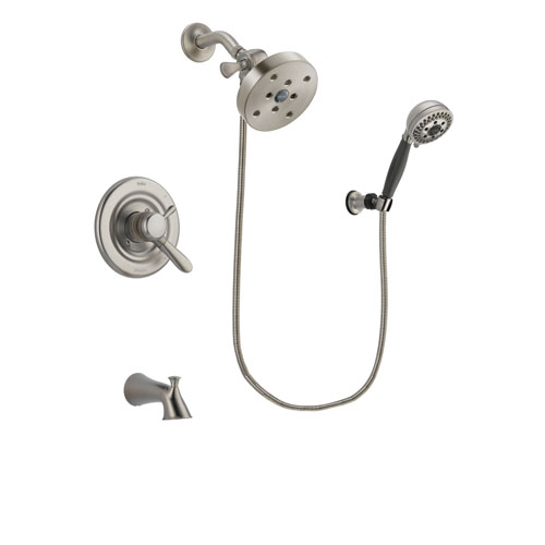 Delta Lahara Stainless Steel Finish Dual Control Tub and Shower Faucet System Package with 5-1/2 inch Shower Head and 5-Setting Wall Mount Personal Handheld Shower Includes Rough-in Valve and Tub Spout DSP2043V