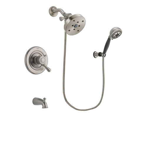 Delta Leland Stainless Steel Finish Dual Control Tub and Shower Faucet System Package with 5-1/2 inch Shower Head and 5-Setting Wall Mount Personal Handheld Shower Includes Rough-in Valve and Tub Spout DSP2049V