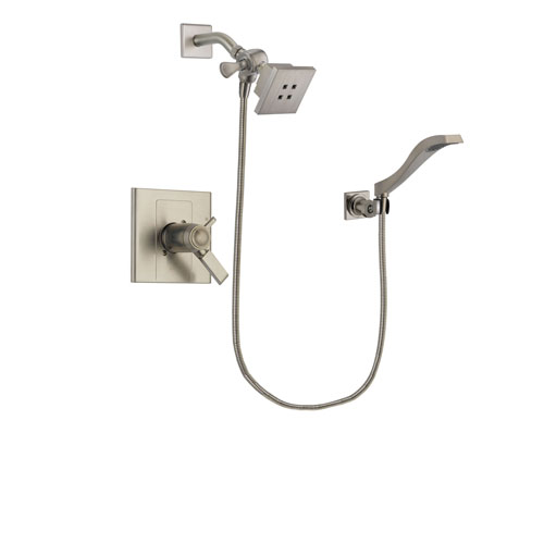 Delta Arzo Stainless Steel Finish Thermostatic Shower Faucet System Package with Square Showerhead and Modern Wall Mount Handheld Shower Spray Includes Rough-in Valve DSP2062V