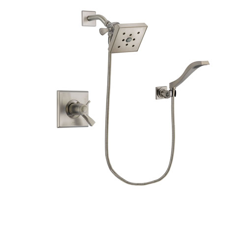 Delta Dryden Stainless Steel Finish Thermostatic Shower Faucet System Package with Square Shower Head and Modern Wall Mount Handheld Shower Spray Includes Rough-in Valve DSP2094V