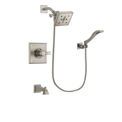 Delta Dryden Stainless Steel Finish Tub and Shower Faucet System Package with Square Shower Head and Modern Wall Mount Handheld Shower Spray Includes Rough-in Valve and Tub Spout DSP2099V