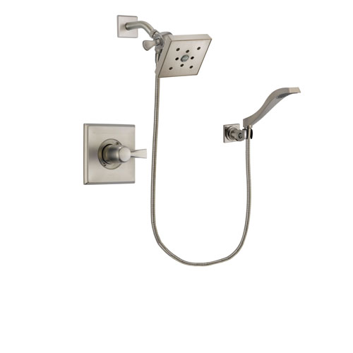 Delta Dryden Stainless Steel Finish Shower Faucet System Package with Square Shower Head and Modern Wall Mount Handheld Shower Spray Includes Rough-in Valve DSP2100V