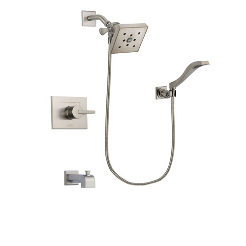 Delta Vero Stainless Steel Finish Tub and Shower Faucet System Package with Square Shower Head and Modern Wall Mount Handheld Shower Spray Includes Rough-in Valve and Tub Spout DSP2101V