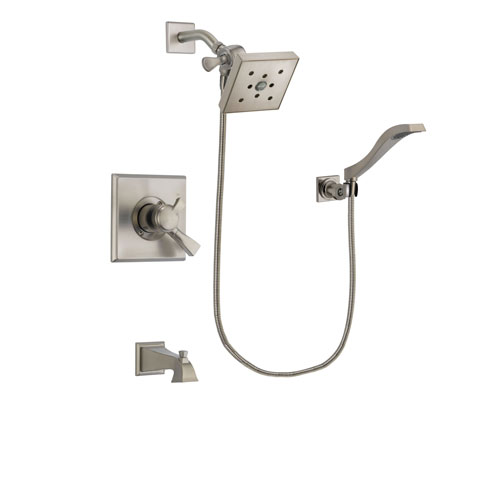 Delta Dryden Stainless Steel Finish Dual Control Tub and Shower Faucet System Package with Square Shower Head and Modern Wall Mount Handheld Shower Spray Includes Rough-in Valve and Tub Spout DSP2105V