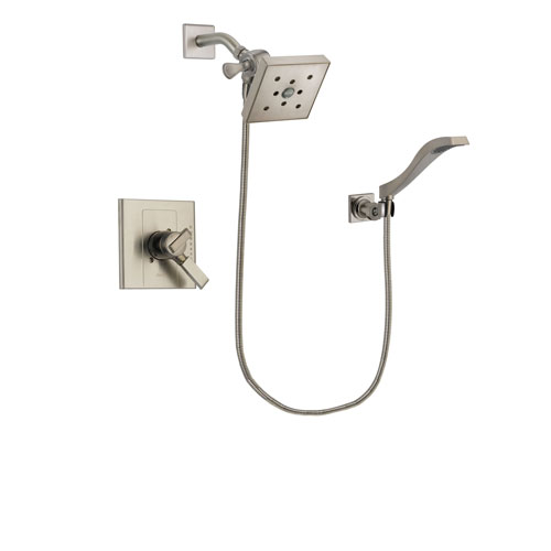 Delta Arzo Stainless Steel Finish Dual Control Shower Faucet System Package with Square Shower Head and Modern Wall Mount Handheld Shower Spray Includes Rough-in Valve DSP2110V