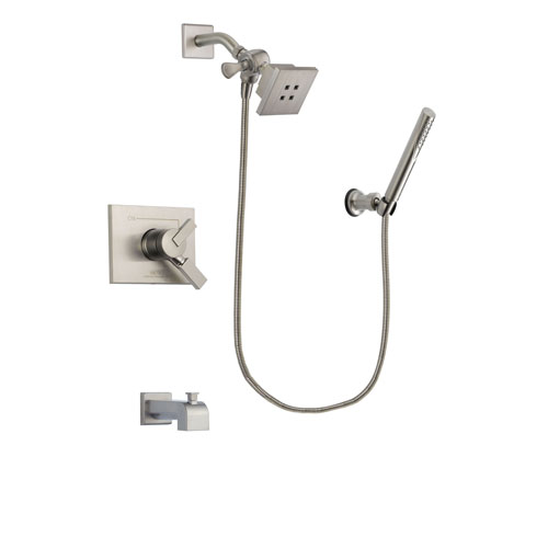 Delta Vero Stainless Steel Finish Dual Control Tub and Shower Faucet System Package with Square Showerhead and Modern Handheld Shower Spray Includes Rough-in Valve and Tub Spout DSP2125V