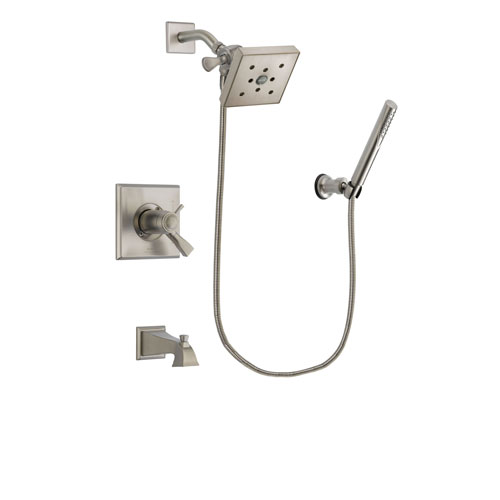 Delta Dryden Stainless Steel Finish Thermostatic Tub and Shower Faucet System Package with Square Shower Head and Modern Handheld Shower Spray Includes Rough-in Valve and Tub Spout DSP2147V