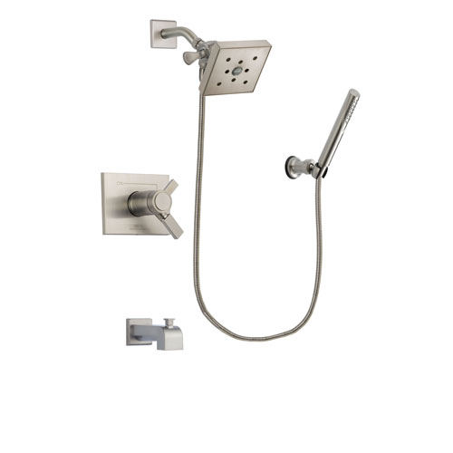 Delta Vero Stainless Steel Finish Thermostatic Tub and Shower Faucet System Package with Square Shower Head and Modern Handheld Shower Spray Includes Rough-in Valve and Tub Spout DSP2149V