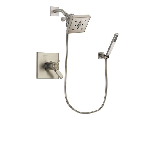 Delta Arzo Stainless Steel Finish Thermostatic Shower Faucet System Package with Square Shower Head and Wall-Mount Handheld Shower Stick Includes Rough-in Valve DSP2206V