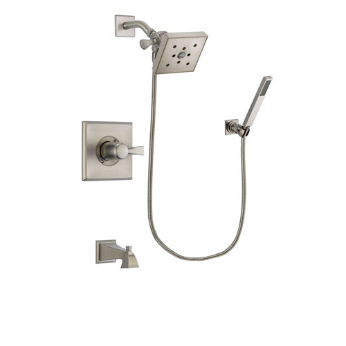 Delta Dryden Stainless Steel Finish Tub and Shower Faucet System Package with Square Shower Head and Wall-Mount Handheld Shower Stick Includes Rough-in Valve and Tub Spout DSP2207V