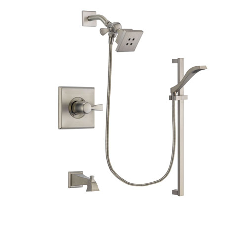Delta Dryden Stainless Steel Finish Tub and Shower Faucet System Package with Square Showerhead and Handheld Shower with Slide Bar Includes Rough-in Valve and Tub Spout DSP2225V