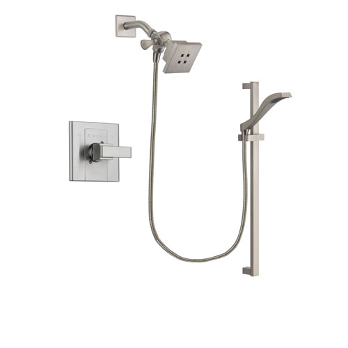 Delta Arzo Stainless Steel Finish Shower Faucet System Package with Square Showerhead and Handheld Shower with Slide Bar Includes Rough-in Valve DSP2230V