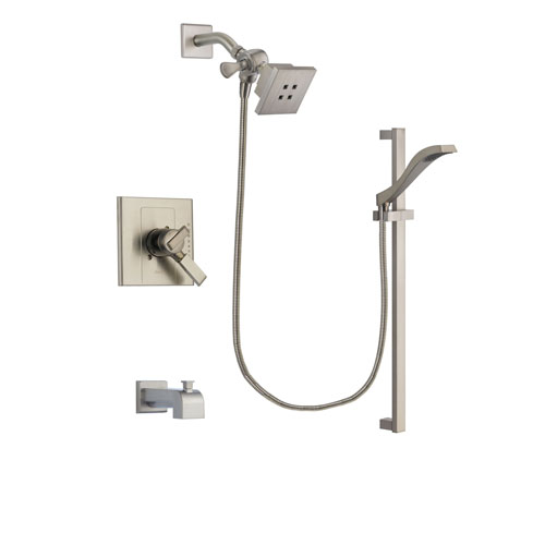 Delta Arzo Stainless Steel Finish Dual Control Tub and Shower Faucet System Package with Square Showerhead and Handheld Shower with Slide Bar Includes Rough-in Valve and Tub Spout DSP2235V