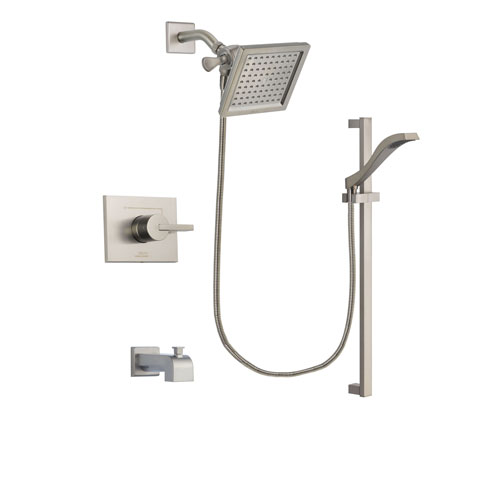 Delta Vero Stainless Steel Finish Tub and Shower Faucet System Package with 6.5-inch Square Rain Showerhead and Handheld Shower with Slide Bar Includes Rough-in Valve and Tub Spout DSP2245V