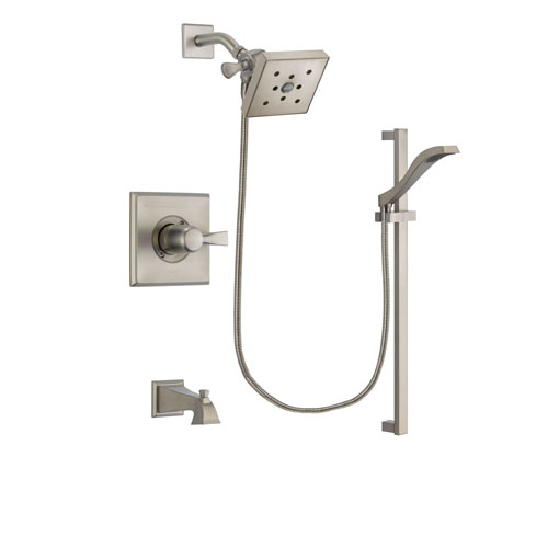 Delta Dryden Stainless Steel Finish Tub and Shower Faucet System Package with Square Shower Head and Handheld Shower with Slide Bar Includes Rough-in Valve and Tub Spout DSP2261V
