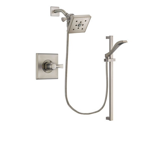 Delta Dryden Stainless Steel Finish Shower Faucet System Package with Square Shower Head and Handheld Shower with Slide Bar Includes Rough-in Valve DSP2262V
