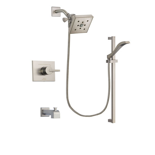 Delta Vero Stainless Steel Finish Tub and Shower Faucet System Package with Square Shower Head and Handheld Shower with Slide Bar Includes Rough-in Valve and Tub Spout DSP2263V