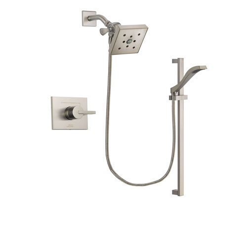 Delta Vero Stainless Steel Finish Shower Faucet System Package with Square Shower Head and Handheld Shower with Slide Bar Includes Rough-in Valve DSP2264V