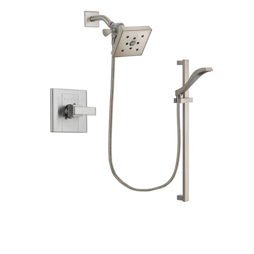 Delta Arzo Stainless Steel Finish Shower Faucet System Package with Square Shower Head and Handheld Shower with Slide Bar Includes Rough-in Valve DSP2266V