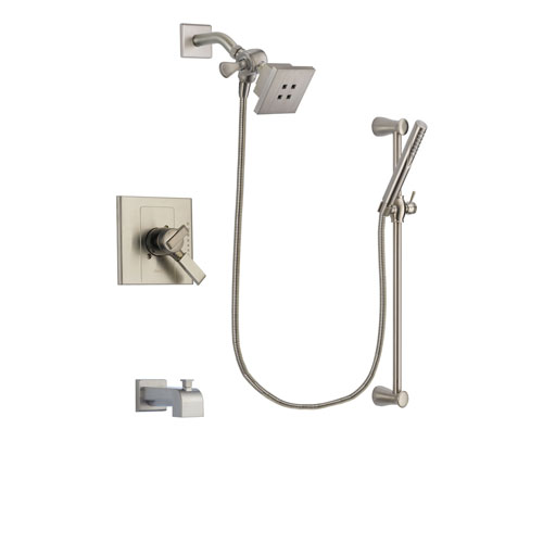 Delta Arzo Stainless Steel Finish Dual Control Tub and Shower Faucet System Package with Square Showerhead and Handheld Shower Spray with Slide Bar Includes Rough-in Valve and Tub Spout DSP2289V