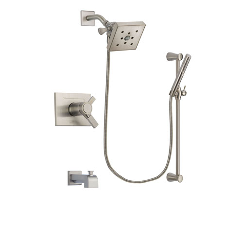 Delta Vero Stainless Steel Finish Thermostatic Tub and Shower Faucet System Package with Square Shower Head and Handheld Shower Spray with Slide Bar Includes Rough-in Valve and Tub Spout DSP2311V