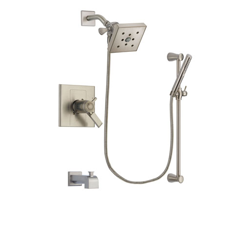 Delta Arzo Stainless Steel Finish Thermostatic Tub and Shower Faucet System Package with Square Shower Head and Handheld Shower Spray with Slide Bar Includes Rough-in Valve and Tub Spout DSP2313V