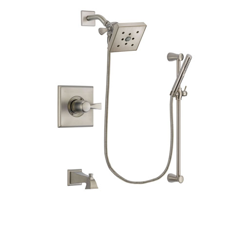 Delta Dryden Stainless Steel Finish Tub and Shower Faucet System Package with Square Shower Head and Handheld Shower Spray with Slide Bar Includes Rough-in Valve and Tub Spout DSP2315V
