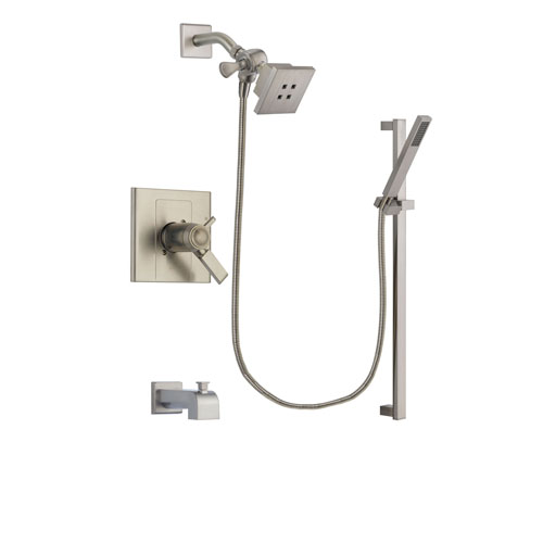 Delta Arzo Stainless Steel Finish Thermostatic Tub and Shower Faucet System Package with Square Showerhead and Modern Personal Hand Shower with Slide Bar Includes Rough-in Valve and Tub Spout DSP2331V