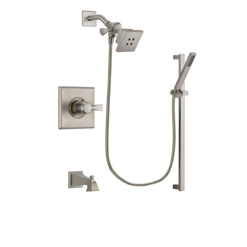 Delta Dryden Stainless Steel Finish Tub and Shower Faucet System Package with Square Showerhead and Modern Personal Hand Shower with Slide Bar Includes Rough-in Valve and Tub Spout DSP2333V