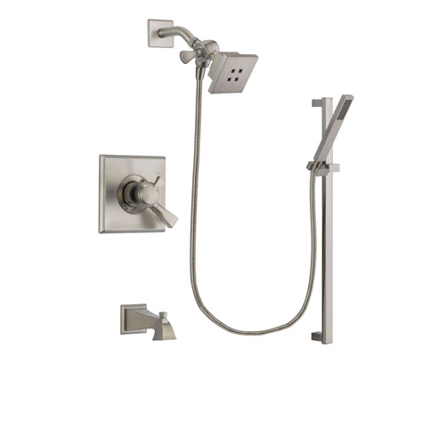 Delta Dryden Stainless Steel Finish Dual Control Tub and Shower Faucet System Package with Square Showerhead and Modern Personal Hand Shower with Slide Bar Includes Rough-in Valve and Tub Spout DSP2339V