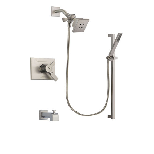 Delta Vero Stainless Steel Finish Dual Control Tub and Shower Faucet System Package with Square Showerhead and Modern Personal Hand Shower with Slide Bar Includes Rough-in Valve and Tub Spout DSP2341V