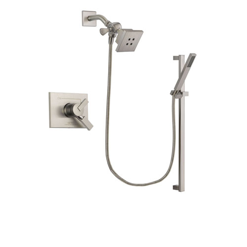 Delta Vero Stainless Steel Finish Dual Control Shower Faucet System Package with Square Showerhead and Modern Personal Hand Shower with Slide Bar Includes Rough-in Valve DSP2342V