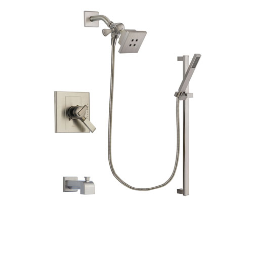 Delta Arzo Stainless Steel Finish Dual Control Tub and Shower Faucet System Package with Square Showerhead and Modern Personal Hand Shower with Slide Bar Includes Rough-in Valve and Tub Spout DSP2343V