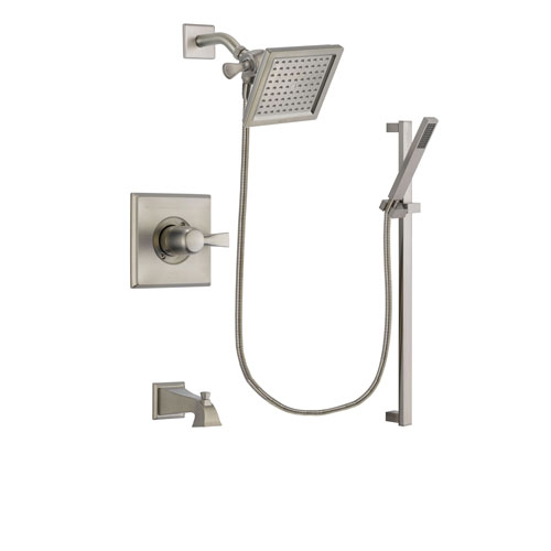 Delta Dryden Stainless Steel Finish Tub and Shower Faucet System Package with 6.5-inch Square Rain Showerhead and Modern Personal Hand Shower with Slide Bar Includes Rough-in Valve and Tub Spout DSP2351V