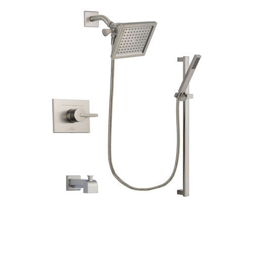 Delta Vero Stainless Steel Finish Tub and Shower Faucet System Package with 6.5-inch Square Rain Showerhead and Modern Personal Hand Shower with Slide Bar Includes Rough-in Valve and Tub Spout DSP2353V