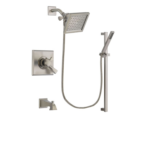 Delta Dryden Stainless Steel Finish Dual Control Tub and Shower Faucet System Package with 6.5-inch Square Rain Showerhead and Modern Personal Hand Shower with Slide Bar Includes Rough-in Valve and Tub Spout DSP2357V