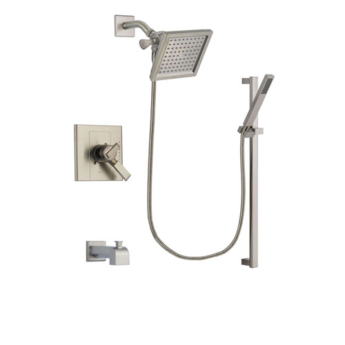 Delta Arzo Stainless Steel Finish Dual Control Tub and Shower Faucet System Package with 6.5-inch Square Rain Showerhead and Modern Personal Hand Shower with Slide Bar Includes Rough-in Valve and Tub Spout DSP2361V