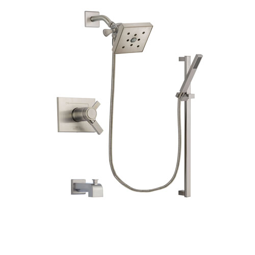 Delta Vero Stainless Steel Finish Thermostatic Tub and Shower Faucet System Package with Square Shower Head and Modern Personal Hand Shower with Slide Bar Includes Rough-in Valve and Tub Spout DSP2365V