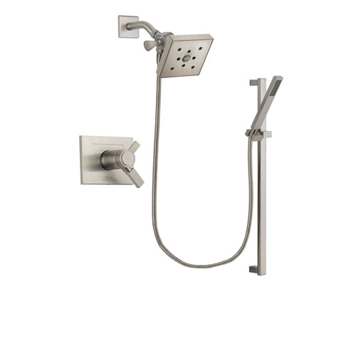 Delta Vero Stainless Steel Finish Thermostatic Shower Faucet System Package with Square Shower Head and Modern Personal Hand Shower with Slide Bar Includes Rough-in Valve DSP2366V