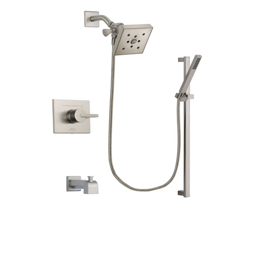 Delta Vero Stainless Steel Finish Tub and Shower Faucet System Package with Square Shower Head and Modern Personal Hand Shower with Slide Bar Includes Rough-in Valve and Tub Spout DSP2371V